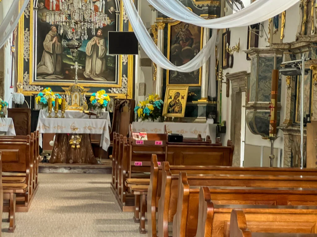 Tropie, Poland, August 7, 2024: Interior of the church of St. Andrew Swierad and Benedict in Tropie, Sanctuary of St. Andrew Swierad and Benedict in Tropie